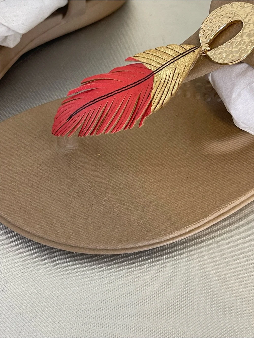 Okabashi Women’s Strappy Tan, Orange, Gold Feather Accents Sandals Sz 6